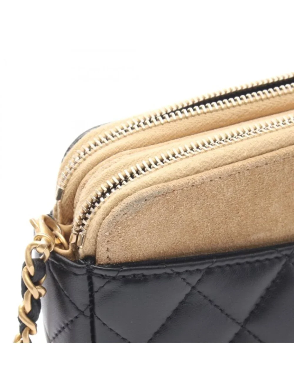 Chanel Shoulder Bag Quilted Phone Case Black Camel Lambskin Suede Chain Wallet